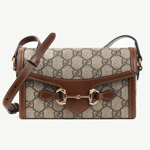 Gucci "Gucci Horsebit 1955" Beige & Dark Brown GG Supreme Mini Bag